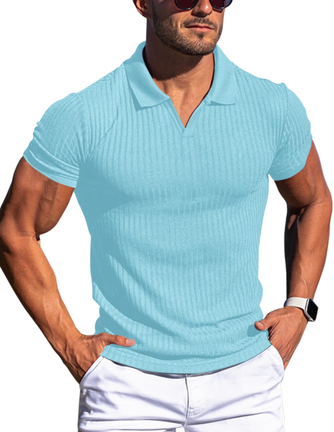 Men's Muscle V Neck Polo Shirts Slim Fit Short Long Sleeve Cotton Golf T-Shirts Ribbed Knit Soft Tees