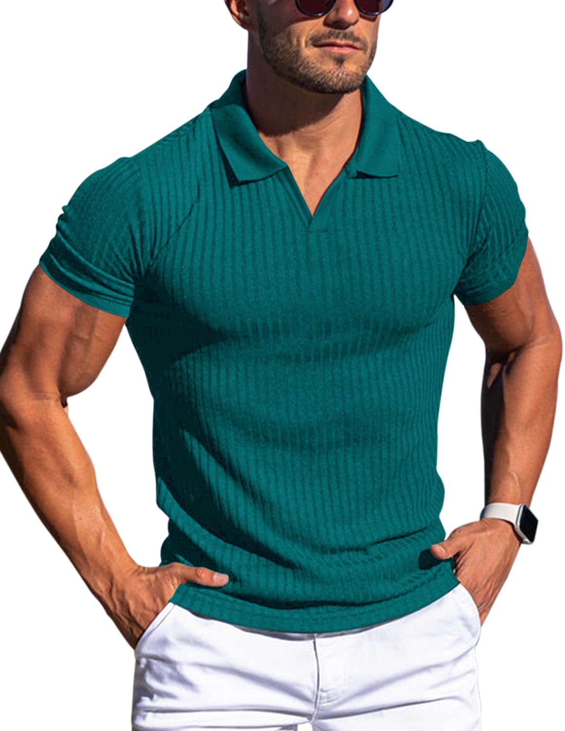 Men's Muscle V Neck Polo Shirts Slim Fit Short Long Sleeve Cotton Golf T-Shirts Ribbed Knit Soft Tees