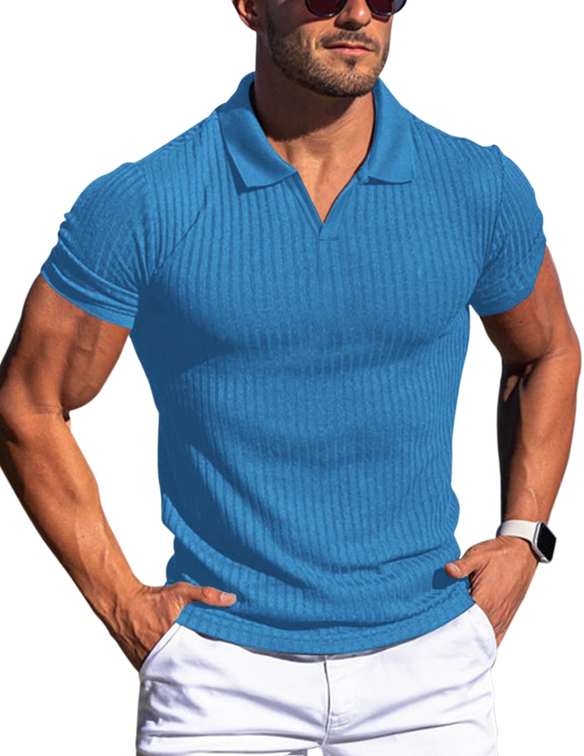 Men's Muscle V Neck Polo Shirts Slim Fit Short Long Sleeve Cotton Golf T-Shirts Ribbed Knit Soft Tees