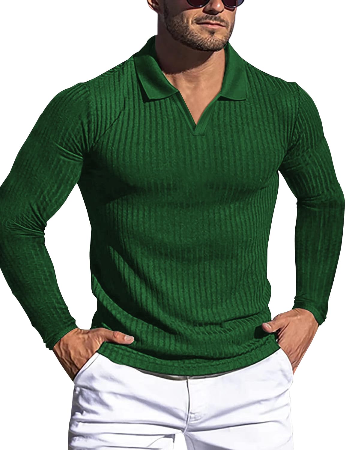 Men's Muscle V Neck Polo Shirts Slim Fit Short Long Sleeve Cotton Golf T-Shirts Ribbed Knit Soft Tees