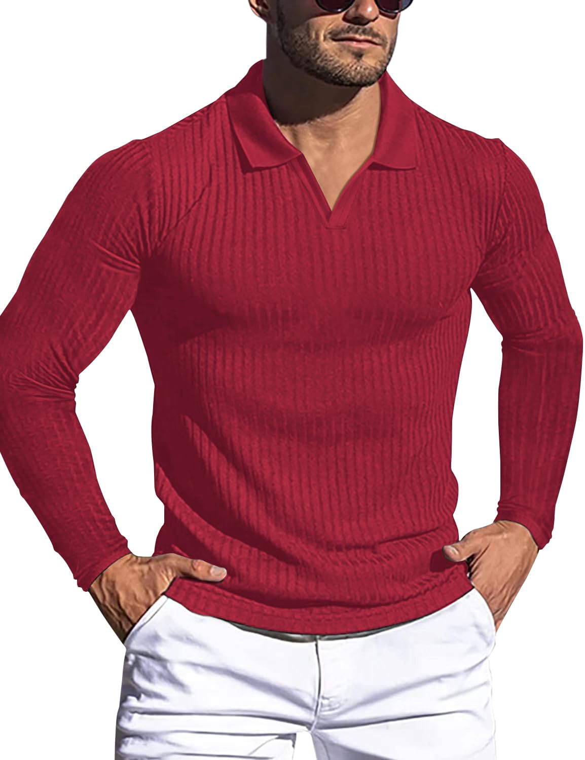 Men's Muscle V Neck Polo Shirts Slim Fit Short Long Sleeve Cotton Golf T-Shirts Ribbed Knit Soft Tees