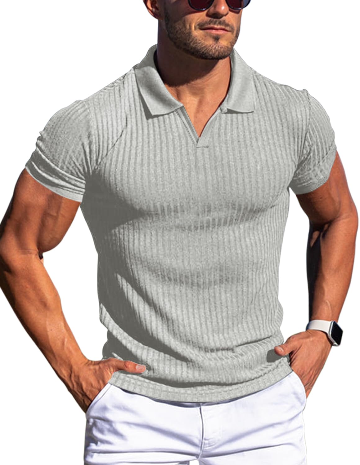 Men's Muscle V Neck Polo Shirts Slim Fit Short Long Sleeve Cotton Golf T-Shirts Ribbed Knit Soft Tees