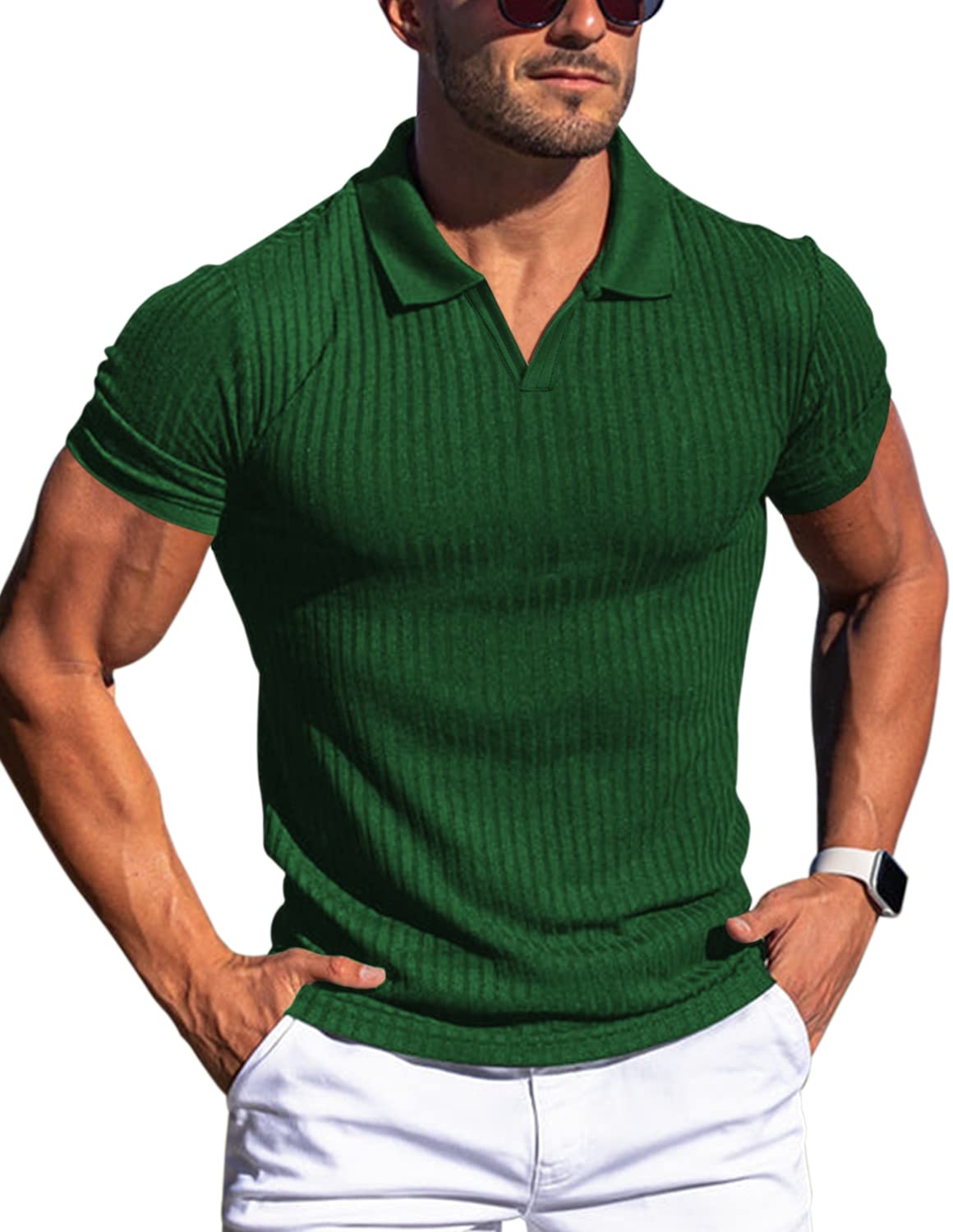 Men's Muscle V Neck Polo Shirts Slim Fit Short Long Sleeve Cotton Golf T-Shirts Ribbed Knit Soft Tees