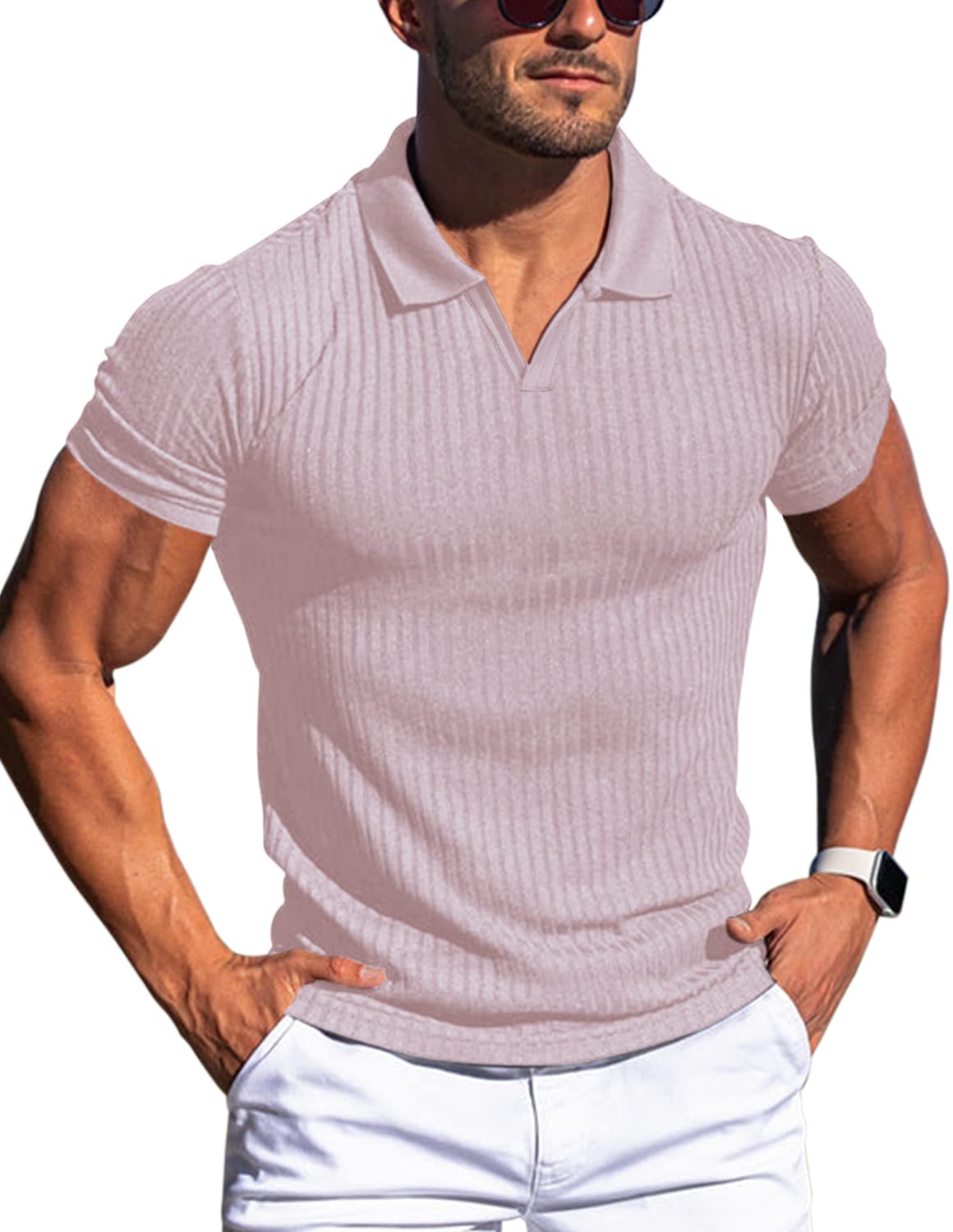 Men's Muscle V Neck Polo Shirts Slim Fit Short Long Sleeve Cotton Golf T-Shirts Ribbed Knit Soft Tees