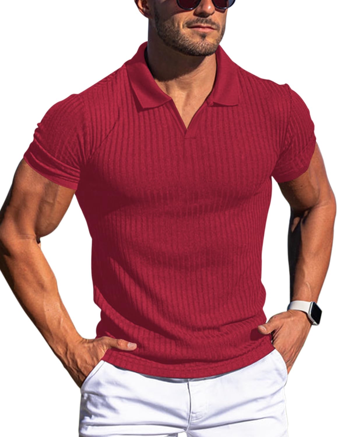 Men's Muscle V Neck Polo Shirts Slim Fit Short Long Sleeve Cotton Golf T-Shirts Ribbed Knit Soft Tees