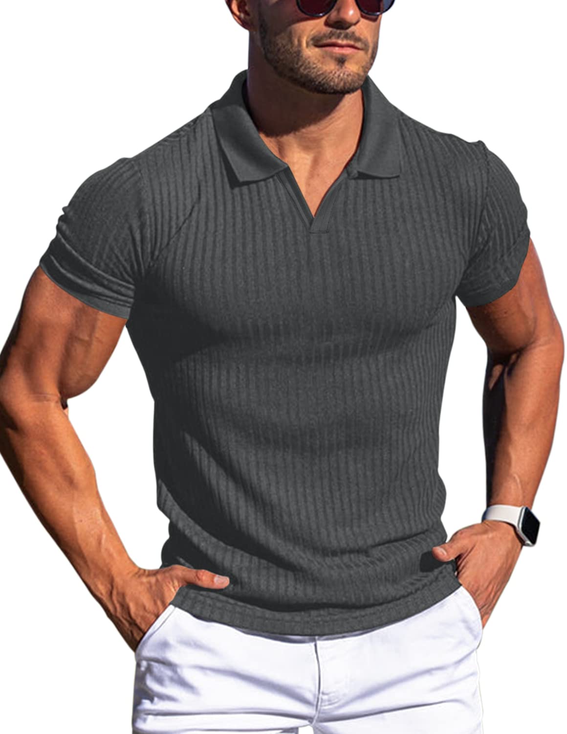 Men's Muscle V Neck Polo Shirts Slim Fit Short Long Sleeve Cotton Golf T-Shirts Ribbed Knit Soft Tees