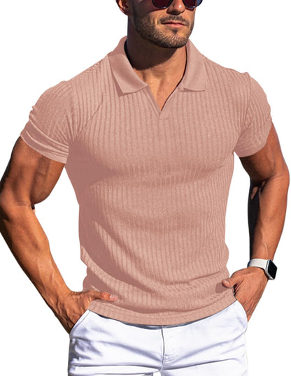 Men's Muscle V Neck Polo Shirts Slim Fit Short Long Sleeve Cotton Golf T-Shirts Ribbed Knit Soft Tees