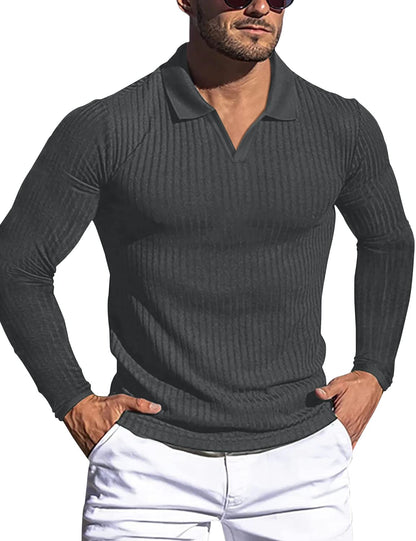 Men's Muscle V Neck Polo Shirts Slim Fit Short Long Sleeve Cotton Golf T-Shirts Ribbed Knit Soft Tees