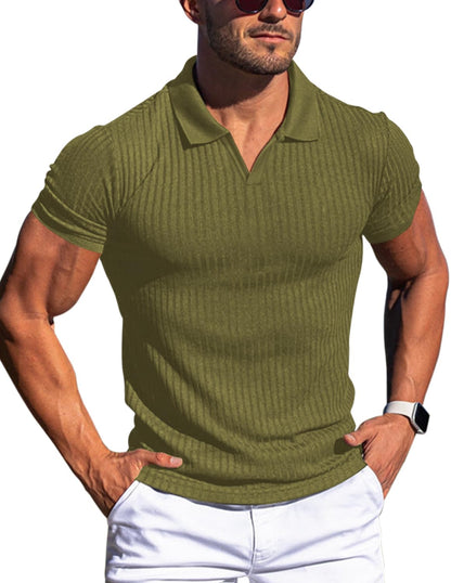 Men's Muscle V Neck Polo Shirts Slim Fit Short Long Sleeve Cotton Golf T-Shirts Ribbed Knit Soft Tees