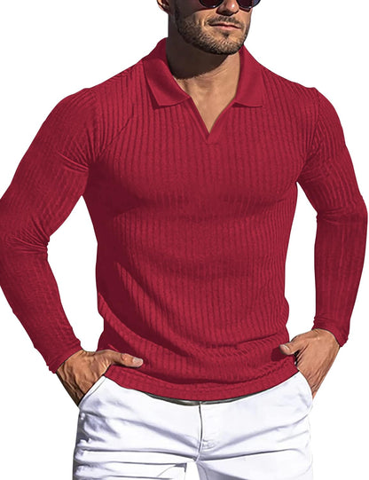 Men's Muscle V Neck Polo Shirts Slim Fit Short Long Sleeve Cotton Golf T-Shirts Ribbed Knit Soft Tees