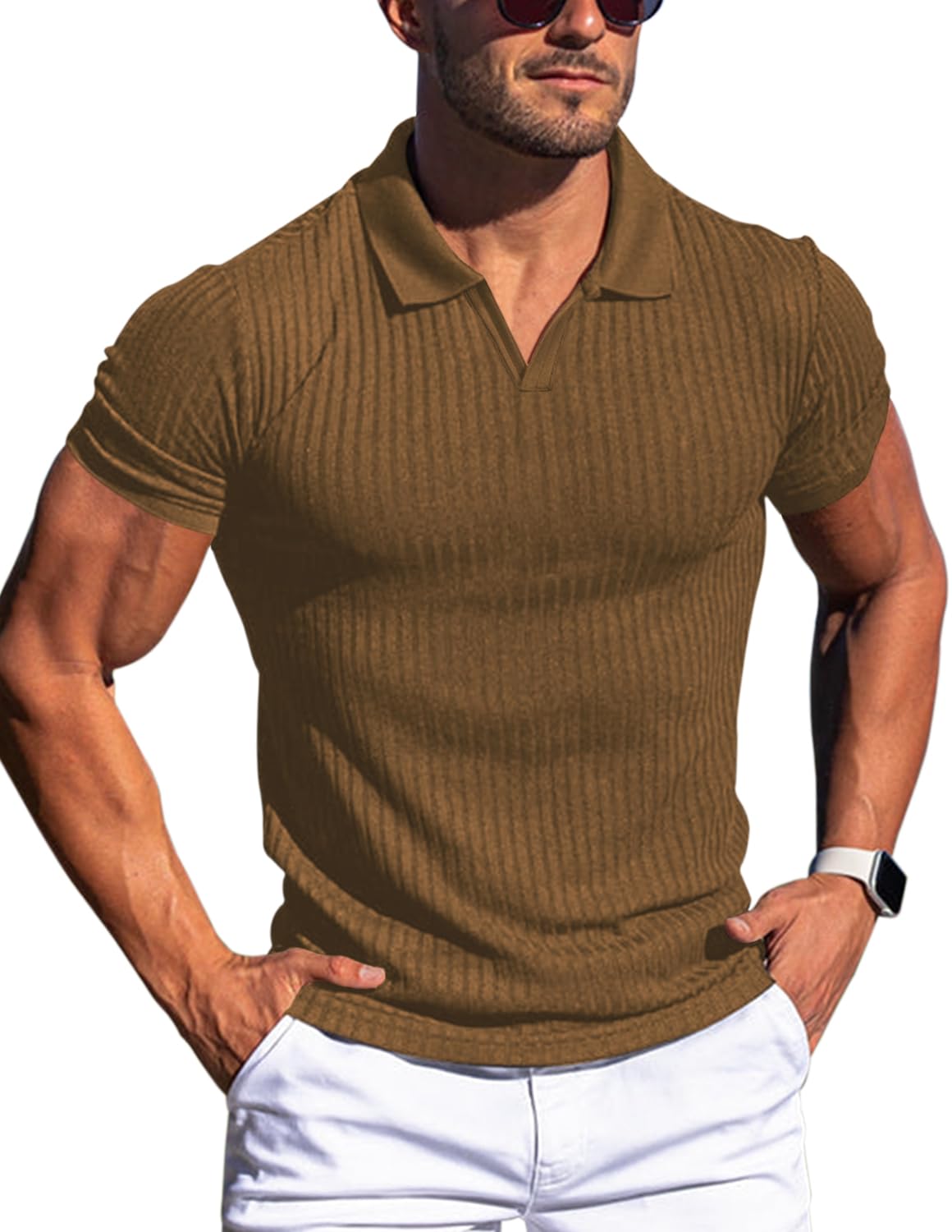 Men's Muscle V Neck Polo Shirts Slim Fit Short Long Sleeve Cotton Golf T-Shirts Ribbed Knit Soft Tees