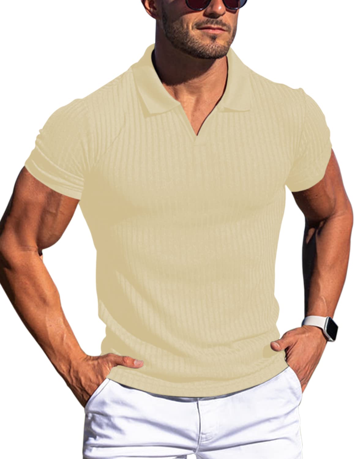 Men's Muscle V Neck Polo Shirts Slim Fit Short Long Sleeve Cotton Golf T-Shirts Ribbed Knit Soft Tees
