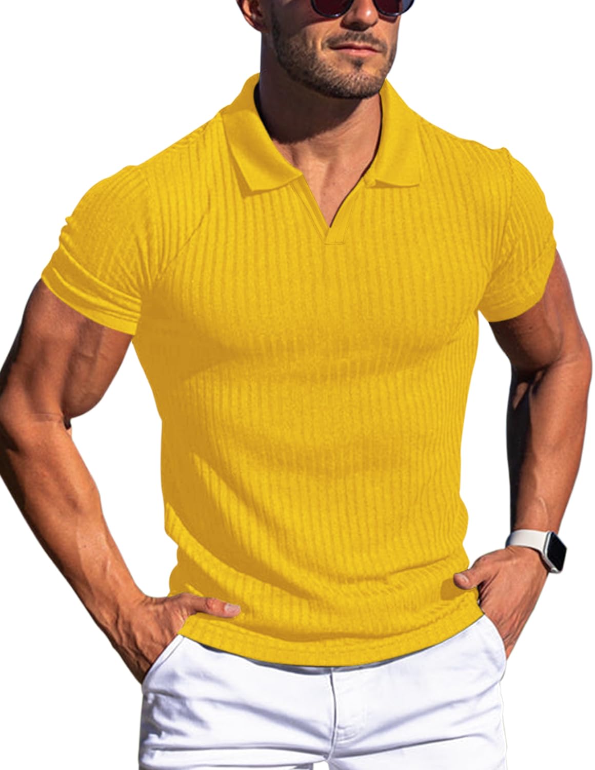 Men's Muscle V Neck Polo Shirts Slim Fit Short Long Sleeve Cotton Golf T-Shirts Ribbed Knit Soft Tees
