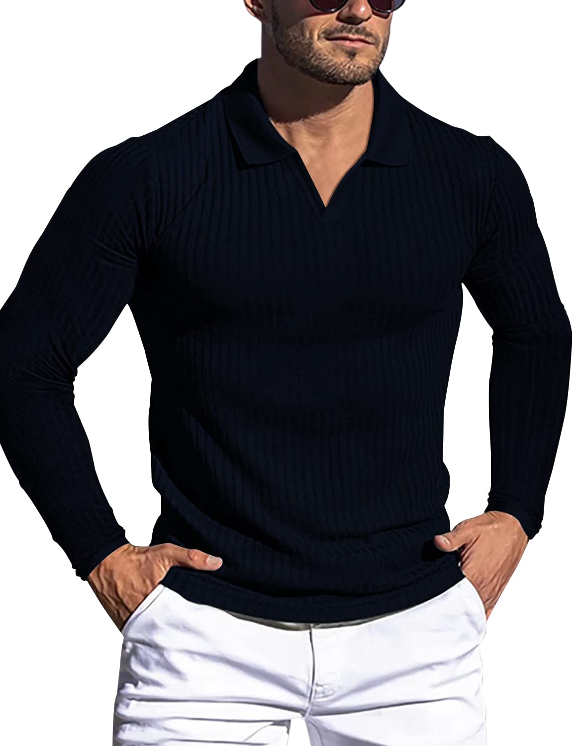 Men's Muscle V Neck Polo Shirts Slim Fit Short Long Sleeve Cotton Golf T-Shirts Ribbed Knit Soft Tees