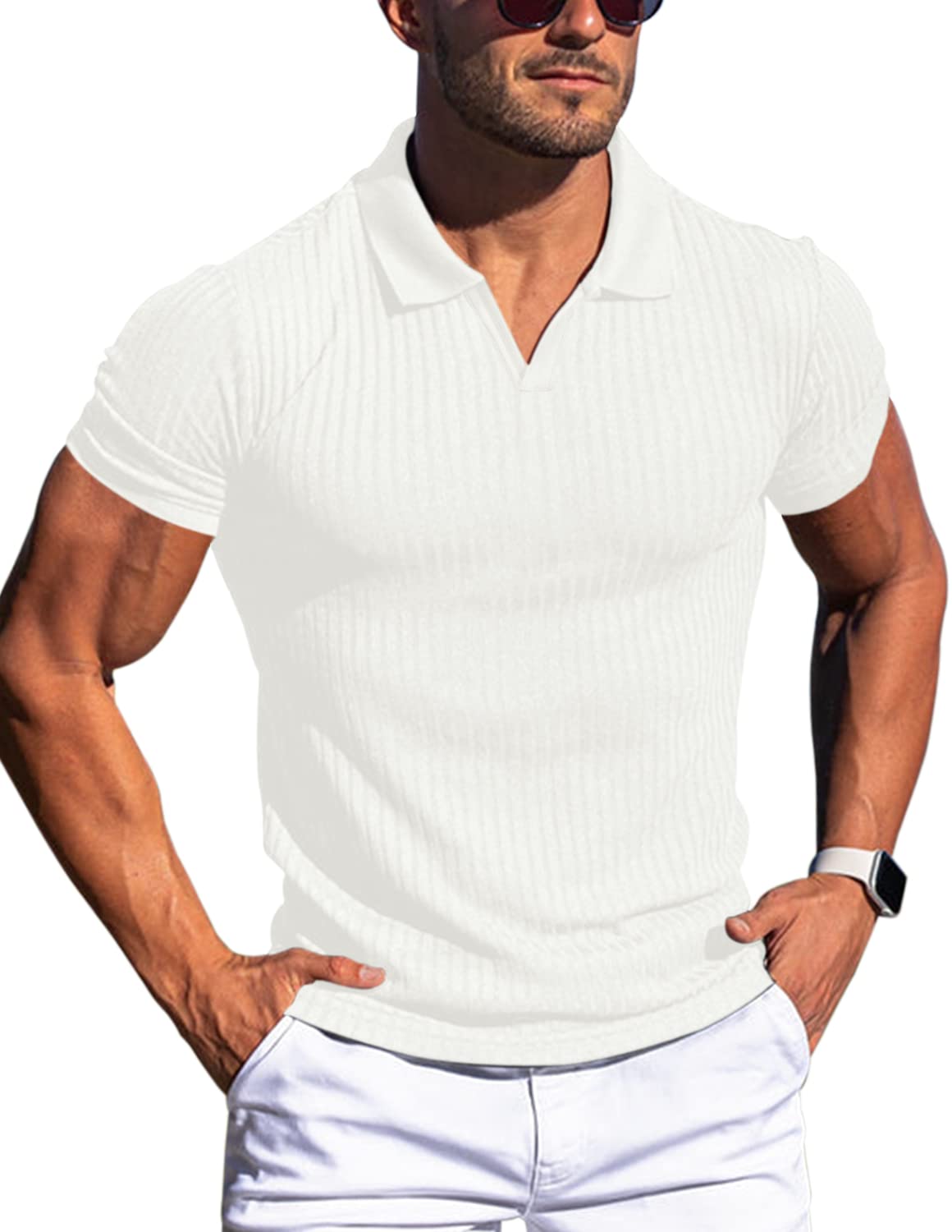 Men's Muscle V Neck Polo Shirts Slim Fit Short Long Sleeve Cotton Golf T-Shirts Ribbed Knit Soft Tees