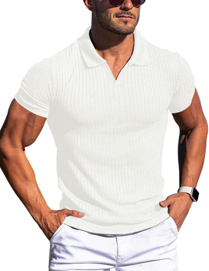Men's Muscle V Neck Polo Shirts Slim Fit Short Long Sleeve Cotton Golf T-Shirts Ribbed Knit Soft Tees