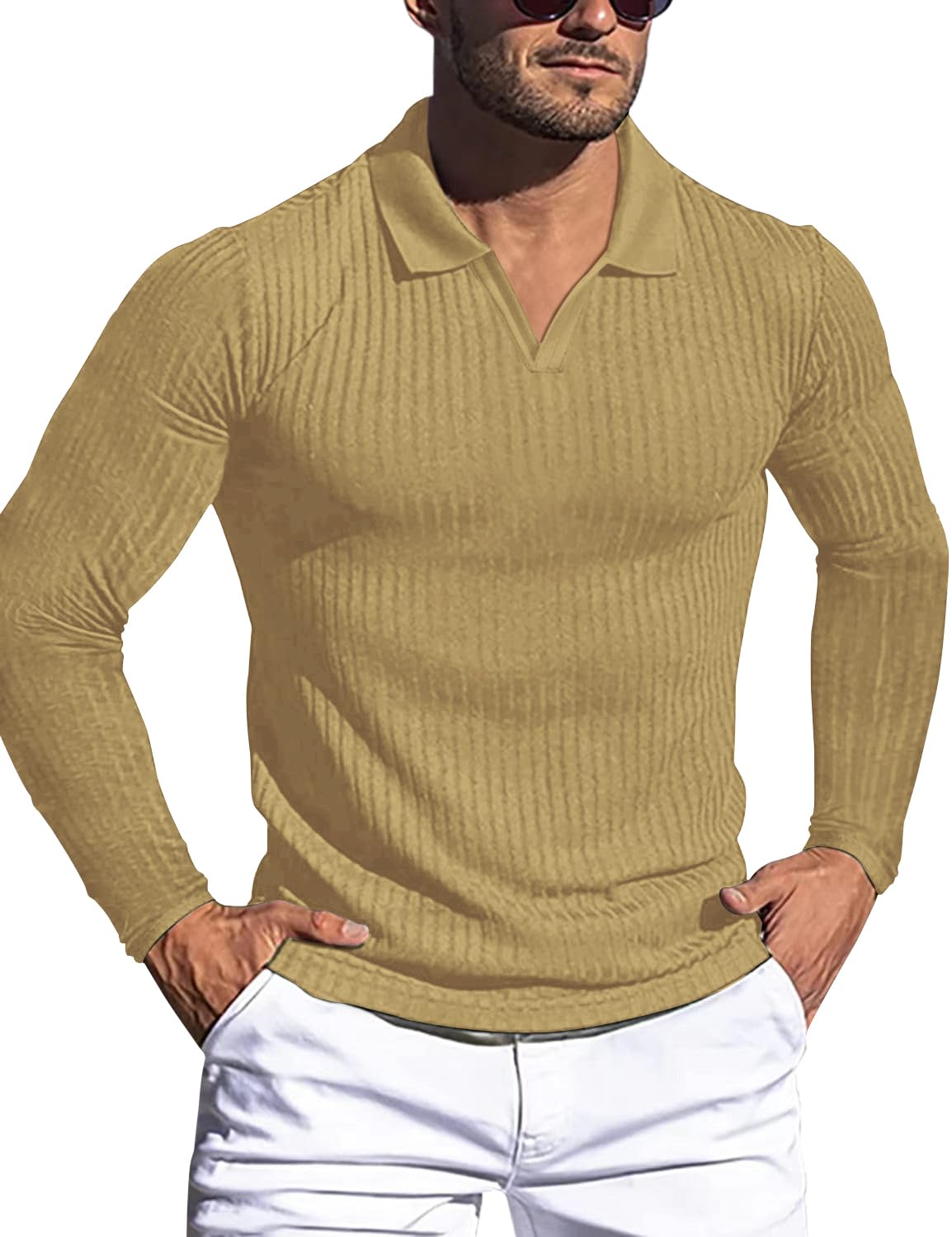 Men's Muscle V Neck Polo Shirts Slim Fit Short Long Sleeve Cotton Golf T-Shirts Ribbed Knit Soft Tees
