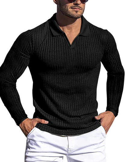 Men's Muscle V Neck Polo Shirts Slim Fit Short Long Sleeve Cotton Golf T-Shirts Ribbed Knit Soft Tees