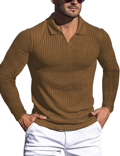 Men's Muscle V Neck Polo Shirts Slim Fit Short Long Sleeve Cotton Golf T-Shirts Ribbed Knit Soft Tees
