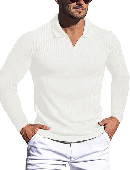 Men's Muscle V Neck Polo Shirts Slim Fit Short Long Sleeve Cotton Golf T-Shirts Ribbed Knit Soft Tees
