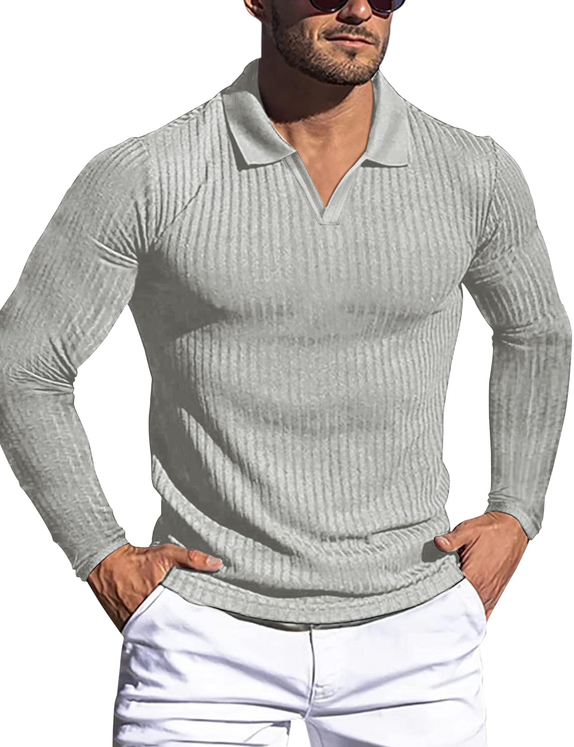 Men's Muscle V Neck Polo Shirts Slim Fit Short Long Sleeve Cotton Golf T-Shirts Ribbed Knit Soft Tees